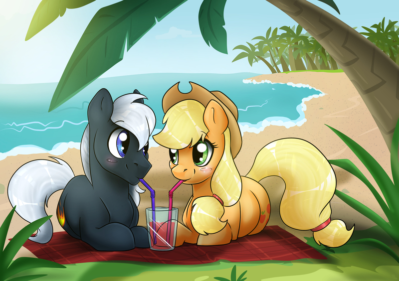 Size: 2480x1748 | Tagged: safe, artist:ali-selle, derpibooru import, applejack, oc, oc:dragon, pony, beach, canon x oc, commission, cute, dragojack, drink, drinking, female, having fun, looking at each other, male, shipping, straight, summer, vacation