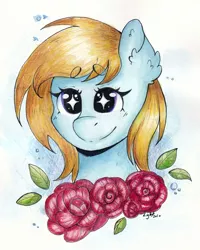 Size: 2480x3101 | Tagged: safe, artist:lightisanasshole, derpibooru import, oc, oc:cloud cuddler, unofficial characters only, pegasus, pony, blonde hair, blonde mane, blue coat, bust, female, flower, leaf, looking at you, portrait, purple eyes, rose, solo, starry eyes, traditional art, watercolor painting, wingding eyes