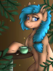 Size: 1024x1366 | Tagged: safe, artist:sursiq, derpibooru import, oc, earth pony, pony, cup, food, halfbody, plant, plants, solo, tea, teacup