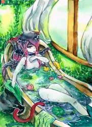 Size: 2409x3329 | Tagged: anthro, artist:mashiromiku, bath, breasts, derpibooru import, human, legs, oc, oc:mimi, suggestive, traditional art, watercolor painting