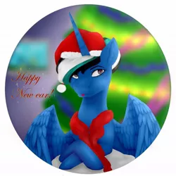 Size: 1080x1080 | Tagged: safe, artist:chrystal_company, derpibooru import, oc, unofficial characters only, alicorn, pony, :p, alicorn oc, bust, christmas, christmas lights, christmas tree, clothes, hat, holiday, horn, merry christmas, santa hat, scarf, solo, tongue out, tree, wings
