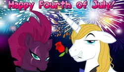 Size: 2064x1204 | Tagged: safe, derpibooru import, edit, fizzlepop berrytwist, prince blueblood, tempest shadow, pony, unicorn, 4th of july, annoyed, arrogant, belligerent sexual tension, berryblood, female, fireworks, flower, flower in mouth, frown, holiday, male, mare, mouth hold, night, rose, rose in mouth, shipping, smiling, smug, stallion, straight, tempest shadow is not amused, this will not end well, unamused