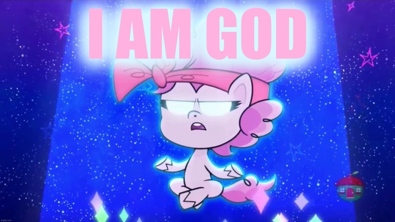 Size: 2048x1152 | Tagged: bad thing no. 3, caption, derpibooru import, edit, edited screencap, floating, glowing eyes, god, image macro, my little pony: pony life, pinkie pie, pinkie pie is god, safe, screencap, spoiler:pony life s01e05, text, treehouse logo, truth