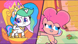 Size: 800x450 | Tagged: animated, bipedal, bipedal leaning, breaking the fourth wall, celestia is not amused, derpibooru import, gif, leaning, leaning back, leaning on the fourth wall, mobile phone, my little pony: pony life, phone, pinkie being pinkie, pinkie pie, pinkie pie: hyper-helper, princess celestia, safe, screencap, smartphone, spoiler:pony life s01e06, unamused