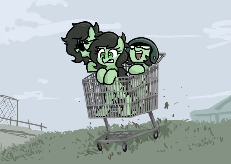Size: 897x637 | Tagged: safe, artist:plunger, derpibooru import, oc, oc:anonfilly, excited, female, filly, helmet, scared, shopping cart, sunglasses, this will end in death, this will end in tears, this will end in tears and/or death, trio