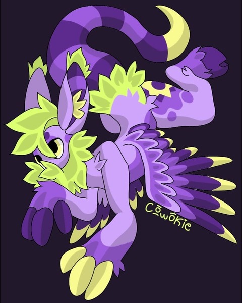 Size: 800x1000 | Tagged: artist:c_owokie, cloven hooves, derpibooru import, fluffy, grayscale, monochrome, oc, original species, purple background, safe, simple background, solo, unofficial characters only, wings