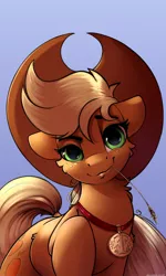 Size: 1800x3000 | Tagged: safe, artist:skitsniga, derpibooru import, applejack, earth pony, pony, 1st place, applejack's hat, badge, blue background, cowboy hat, female, freckles, hat, looking at you, mare, medal, mouth hold, simple background, straw in mouth