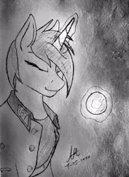 Size: 648x888 | Tagged: safe, artist:biergarten13, derpibooru import, oc, oc:spark plug, pony, unicorn, fallout equestria, fallout equestria: project horizons, fanfic art, hoofington, levitation, magic, memory orb, scavenger, sketch, telekinesis, traditional art