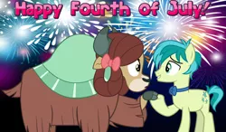 Size: 2064x1204 | Tagged: safe, derpibooru import, sandbar, yona, earth pony, pony, yak, she's all yak, 4th of july, bow, bowtie, cloven hooves, female, fireworks, friends, friendship, hair bow, holding hooves, holiday, male, monkey swings, night, shipping, straight, yonabar, youtube link