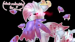 Size: 2560x1440 | Tagged: semi-grimdark, artist:shinningblossom12, derpibooru import, oc, oc:shining blossom, unofficial characters only, demon, demon pony, original species, pony, black background, blood, food, glowing eyes, horn, meat, mouth hold, ponies eating meat, simple background, solo, sombra eyes, talking, wings