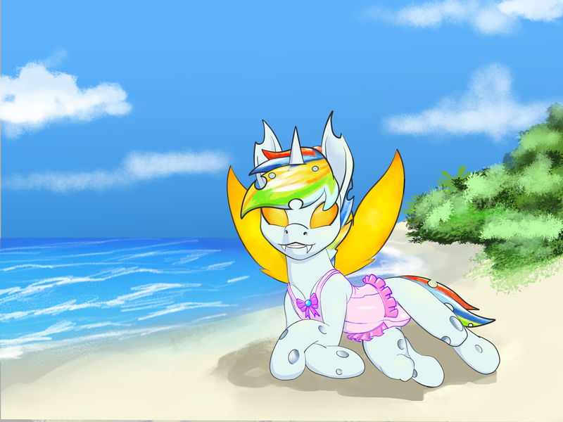 Size: 2732x2048 | Tagged: artist:stardust-pony, beach, changeling, changeling oc, clothes, colt, commission, crossdressing, derpibooru import, frilled swimsuit, frilly swimsuite, male, oc, oc:fruitcake, safe, swimsuit