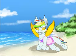 Size: 2732x2048 | Tagged: artist:stardust-pony, beach, changeling, changeling oc, clothes, colt, commission, crossdressing, derpibooru import, frilled swimsuit, frilly swimsuite, male, oc, oc:fruitcake, safe, swimsuit