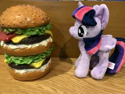 Size: 4032x3024 | Tagged: safe, derpibooru import, twilight sparkle, twilight sparkle (alicorn), alicorn, pony, borgarposting, burger, burgie, female, food, mare, photo, plushie, solo, standing, twilight burgkle