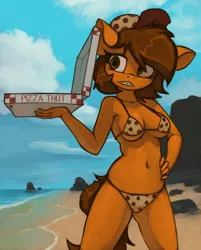 Size: 1508x1873 | Tagged: anthro, artist:marsminer, beach, bikini, braces, breasts, cleavage, clothes, derpibooru import, food, oc, oc:venus spring, pizza, pizza thot, solo, suggestive, swimsuit, unofficial characters only