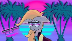 Size: 1920x1080 | Tagged: safe, artist:nevermore228, derpibooru import, pony, clothes, glasses, jacket, palm tree, retro, retrowave, solo, sun, synthwave, tree