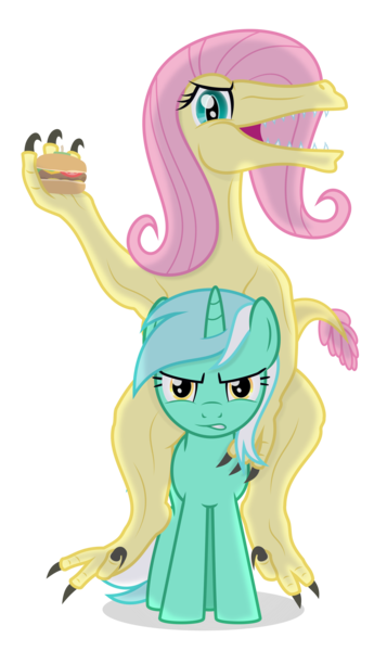 Size: 2200x3700 | Tagged: artist:devfield, borgarposting, burger, cheese, claws, derpibooru, derpibooru import, dinosaur, dinosaurified, female, fluttershy, food, glare, lettuce, looking at you, lyra heartstrings, lyra is not amused, mare, meat, meta, oc, oc:raptorshy, pink mane, riding, riding a pony, safe, shading, shadow, sharp teeth, simple background, species swap, tail, teeth, the end of derpibooru, tomato, transparent background, unamused, velociraptor, veloshyraptor, wide eyes