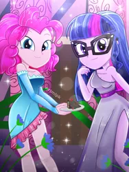 Size: 1800x2400 | Tagged: safe, artist:artmlpk, derpibooru import, pinkie pie, sci-twi, twilight sparkle, equestria girls, adorable face, adorasexy, adorkable, alternate hairstyle, bare shoulders, beautiful, cake, clothes, cute, digital art, door, dork, dress, duo, duo female, fashion, female, flower, food, grin, hair, holding, looking at you, outfit, party, plants, plate, sexy, short hair, smiling, smiling at you, twiabetes, watermark