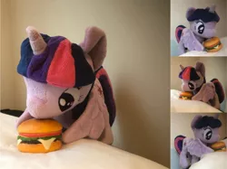 Size: 1442x1080 | Tagged: safe, derpibooru import, twilight sparkle, twilight sparkle (alicorn), alicorn, pony, 4de, borgarposting, burger, burgie, compilation, cute, eating, female, food, irl, mare, merchandise, photo, pillow, plushie, plushie eating a plushie, side, smiling, solo, twilight burgkle, wing hands, wings