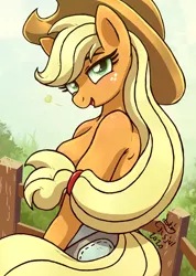Size: 890x1250 | Tagged: suggestive, artist:joakaha, derpibooru import, applejack, anthro, earth pony, adorasexy, applejack's hat, bedroom eyes, blushing, breasts, busty applejack, clothes, cowboy hat, cute, female, fence, floating heart, freckles, hat, heart, jeans, lidded eyes, looking at you, looking back, looking back at you, looking over shoulder, mare, open mouth, pants, partial nudity, sexy, strategically covered, topless