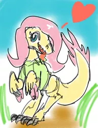 Size: 771x997 | Tagged: anonymous artist, clothes, cute, derpibooru import, dinosaur, female, fluttershy, heart, hoodie, oc, oc:raptorshy, safe, shyabetes, velociraptor, veloshyraptor