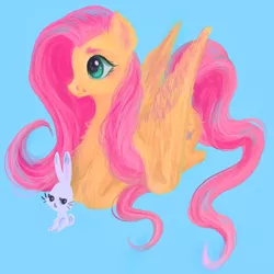 Size: 500x500 | Tagged: safe, artist:roobeesomnus, derpibooru import, angel bunny, fluttershy, pegasus, pony, rabbit, animal, blue background, chest fluff, cute, duo, ear fluff, female, leg fluff, male, mare, ponyloaf, prone, shyabetes, simple background