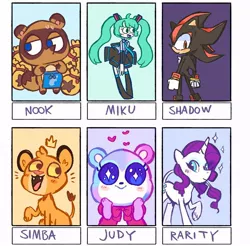 Size: 818x806 | Tagged: safe, artist:liddybugart, derpibooru import, rarity, anthro, bear, big cat, hedgehog, human, lion, pony, unicorn, six fanarts, :d, animal crossing, anthro with ponies, apron, clothes, crossover, female, hatsune miku, heart, looking back, male, mare, money bag, naked apron, open mouth, raised hoof, shadow the hedgehog, simba, smiling, sonic the hedgehog (series), starry eyes, the lion king, tom nook, vocaloid, wingding eyes