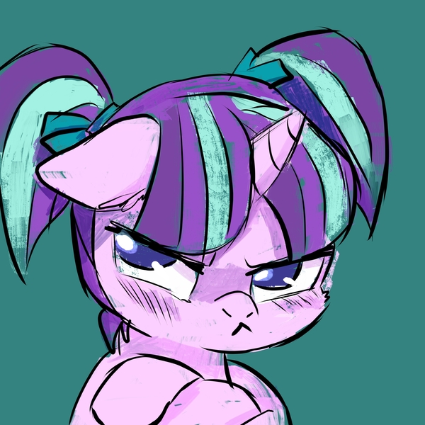 Size: 2700x2700 | Tagged: artist needed, safe, derpibooru import, starlight glimmer, pony, unicorn, angry, cute, female, filly, filly starlight glimmer, floppy ears, grumpy, madorable, pigtails, solo, younger