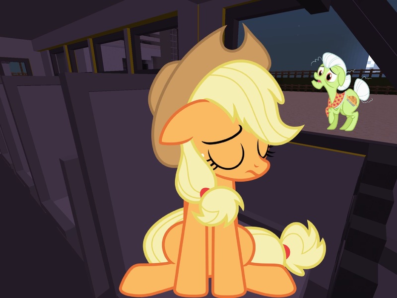 Size: 2048x1536 | Tagged: safe, artist:estories, artist:topsangtheman, derpibooru import, applejack, granny smith, earth pony, pony, the super speedy cider squeezy 6000, depressed, minecraft, sad, school bus