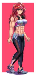 Size: 800x1654 | Tagged: suggestive, artist:tzc, derpibooru import, sunset shimmer, human, equestria girls, abs, anime, breasts, busty sunset shimmer, clothes, female, headphones, looking at you, muscles, muscular female, shoes, smiling, sneakers, sunset lifter