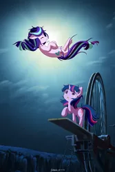 Size: 1280x1920 | Tagged: safe, alternate version, artist:symbianl, derpibooru import, starlight glimmer, twilight sparkle, pony, unicorn, castle in the sky, crossover, duo, female, jewelry, levitation, magic, mare, necklace, parody, studio ghibli, telekinesis, unicorn twilight