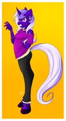 Size: 1643x2996 | Tagged: safe, artist:ms-seven0, derpibooru import, oc, oc:stella crescent, anthro, unguligrade anthro, unicorn, anthro oc, clothes, collar, cute, ear piercing, earring, female, freckles, grin, hooves, jewelry, mare, nervous, nervous grin, pants, piercing, shirt, shoes, shy, smiling, solo, waving