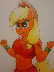 Size: 3096x4128 | Tagged: safe, artist:andur1l pon3, derpibooru import, applejack, anthro, earth pony, alternative cutie mark placement, applejacked, breasts, busty applejack, clothes, heart, muscles, shoulder cutie mark, sports bra, traditional art, wristband