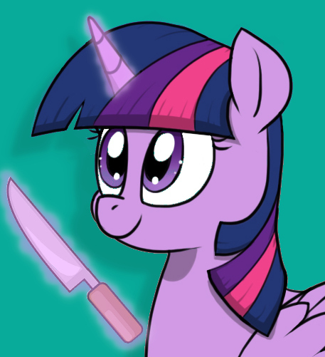 Size: 457x501 | Tagged: safe, artist:strebiskunk, derpibooru import, twilight sparkle, twilight sparkle (alicorn), alicorn, pony, cute, female, folded wings, glowing horn, horn, knife, levitation, magic, mare, simple background, smiling, solo, teal background, telekinesis, twiabetes, wings