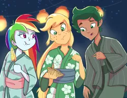 Size: 3300x2550 | Tagged: safe, artist:pettypop, derpibooru import, applejack, rainbow dash, timber spruce, equestria girls, clothes, corn, eating, food, kimono (clothing), lamp, open mouth, stick, takoyaki