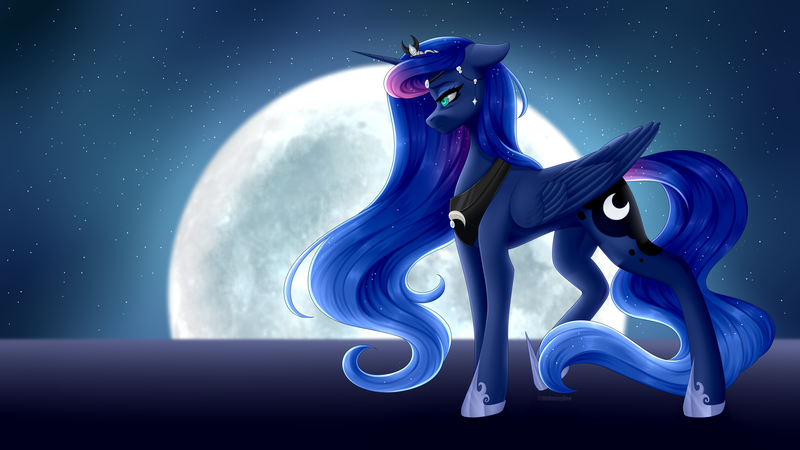 Size: 5760x3240 | Tagged: safe, artist:ohhoneybee, derpibooru import, princess luna, alicorn, pony, absurd resolution, female, full moon, hoof shoes, jewelry, mare, moon, redraw, signature, solo