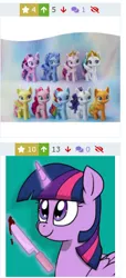 Size: 218x476 | Tagged: semi-grimdark, artist:strebiskunk, derpibooru import, edit, applejack, fluttershy, pinkie pie, rainbow dash, rarity, twilight sparkle, twilight sparkle (alicorn), alicorn, earth pony, pegasus, pony, unicorn, derpibooru, my little pony: pony life, blood, bloody knife, knife, meta, photo, toy