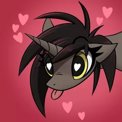 Size: 3600x3589 | Tagged: safe, artist:fenixdust, derpibooru import, oc, oc:ivy, pony, unicorn, :p, bust, female, floppy ears, gradient background, heart, heart eyes, looking at you, mare, red background, simple background, solo, tongue out, wingding eyes