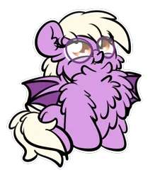 Size: 1777x1963 | Tagged: safe, artist:kimjoman, derpibooru import, oc, oc:pinkfull night, unofficial characters only, bat pony, pony, adorkable, bat pony oc, bat wings, chest fluff, cute, dork, fangs, female, fluffy, glasses, hoof fluff, impossibly large chest fluff, simple background, sitting, solo, spread wings, teenager, transparent background, wings