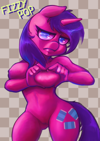 Size: 1920x2714 | Tagged: questionable, artist:apolo18, derpibooru import, oc, oc:fizzy pop, unofficial characters only, anthro, unicorn, breasts, commission, featureless crotch, female, frown, heart hands, heart shaped boob, horn, nipples, nudity, solo, solo female, unicorn oc, ych result