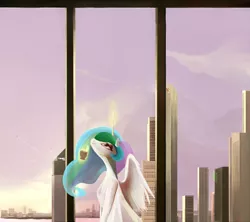 Size: 1440x1280 | Tagged: alicorn, artist:scarlet wayfarer, city, derpibooru import, detailed background, princess celestia, relaxing, safe, solo focus