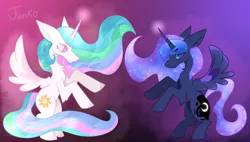 Size: 1500x850 | Tagged: safe, artist:junko, derpibooru import, princess celestia, princess luna, alicorn, pony, arm fluff, aura, big ears, bipedal, chest fluff, colored lineart, cute, cutelestia, digital art, duo, duo female, ear fluff, ethereal mane, eyelashes, female, full body, glow, gradient background, lunabetes, magic, magic aura, paint tool sai, profile, rearing, royal sisters, royalty, shiny, simple background, space mane, sparkles, spread wings, standing, standing up, starry mane, wings