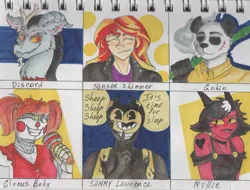 Size: 1080x821 | Tagged: safe, artist:_ratary_art_, derpibooru import, discord, anthro, draconequus, six fanarts, equestria girls, animatronic, bamboo, beastars, bendy and the ink machine, cigarette, circus baby, clothes, crossover, ear fluff, five nights at freddy's, gohin (beastars), grin, helluva boss, jacket, microphone, millie (helluva boss), one eye closed, scar, shhh, smiling, smoking, traditional art, wink