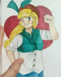 Size: 349x437 | Tagged: safe, artist:_ratary_art_, derpibooru import, applejack, equestria girls, clothes, cutie mark background, female, fist bump, hat, one eye closed, smiling, solo, traditional art, wink
