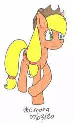 Size: 683x1137 | Tagged: safe, artist:cmara, derpibooru import, applejack, earth pony, pony, applejack's hat, cowboy hat, cute, female, happy, hat, jackabetes, mare, raised hoof, solo, traditional art