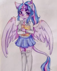 Size: 1080x1350 | Tagged: alicorn, alternate version, anthro, artist:mayguay, book, clothes, colored, derpibooru import, ear fluff, female, horn, safe, skirt, solo, traditional art, twilight sparkle, twilight sparkle (alicorn), wings