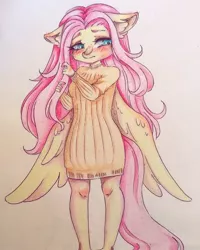 Size: 1080x1350 | Tagged: alternate version, anthro, artist:mayguay, clothes, colored, derpibooru import, dress, ear fluff, female, fluttershy, pegasus, safe, solo, traditional art