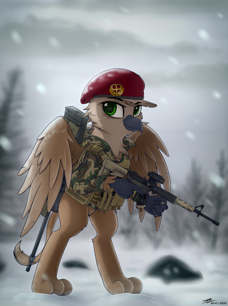 Size: 2880x3870 | Tagged: safe, artist:av-4, artist:avastin4, derpibooru import, oc, gryphon, ar15, arctic warfare, camouflage, gun, rifle, sniper rifle, snow, solo, standing, weapon, wings