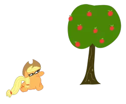 Size: 1395x1158 | Tagged: safe, artist:wren, derpibooru import, applejack, earth pony, apple, apple tree, cowboy hat, female, food, hairband, hat, laying on ground, long neck, lying down, resting, simple background, solo, squatpony, stare, transparent background, tree