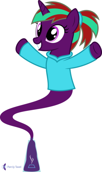 Size: 4000x6777 | Tagged: safe, artist:parclytaxel, derpibooru import, oc, oc:connor stroud, unofficial characters only, genie, genie pony, pony, unicorn, .svg available, absurd resolution, bottle, clothes, female, floating, grin, hairband, hoodie, mare, outstretched arms, ponytail, simple background, smiling, solo, t pose, transparent background, vector