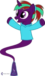 Size: 4000x6777 | Tagged: safe, artist:parclytaxel, derpibooru import, oc, oc:connor stroud, unofficial characters only, genie, genie pony, pony, unicorn, .svg available, absurd resolution, bottle, clothes, female, floating, grin, hairband, hoodie, mare, outstretched arms, ponytail, simple background, smiling, solo, t pose, transparent background, vector